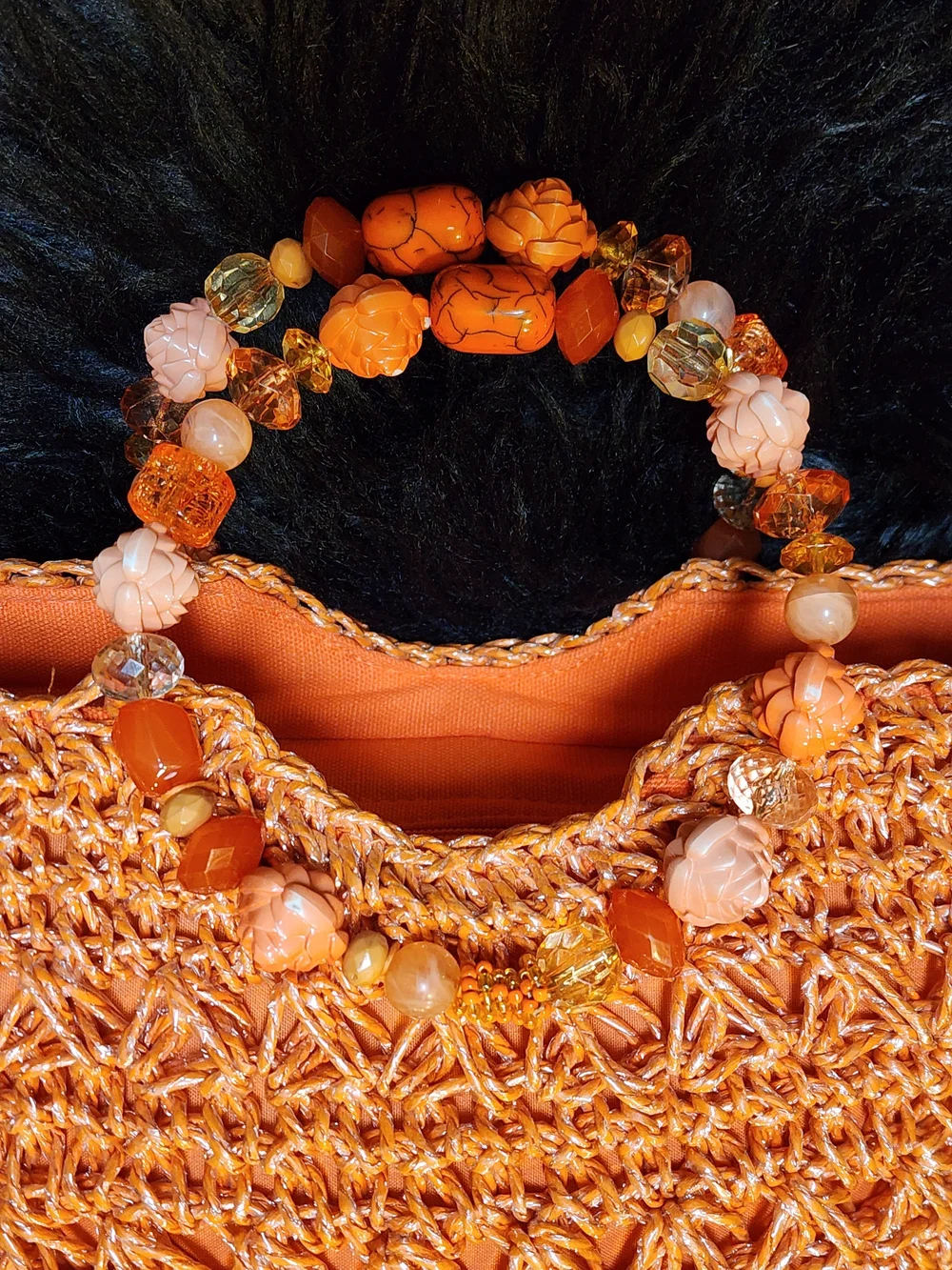 Gorgeous Handwoven Floral Beaded Handle Straw Tote Bag in Coral Orange